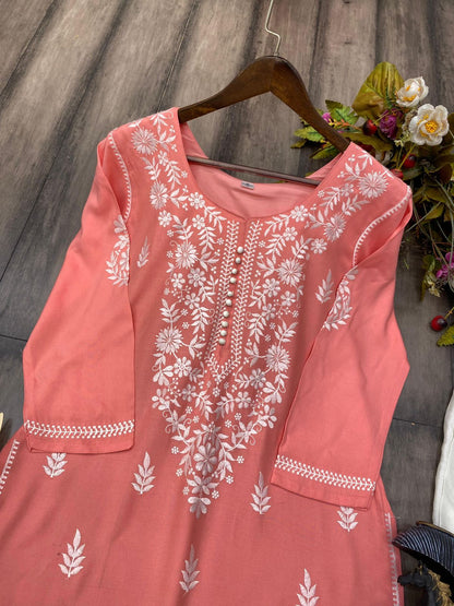 New Trending Rayon Top With Cotton Thread Embroidered Work And Work Palazzo