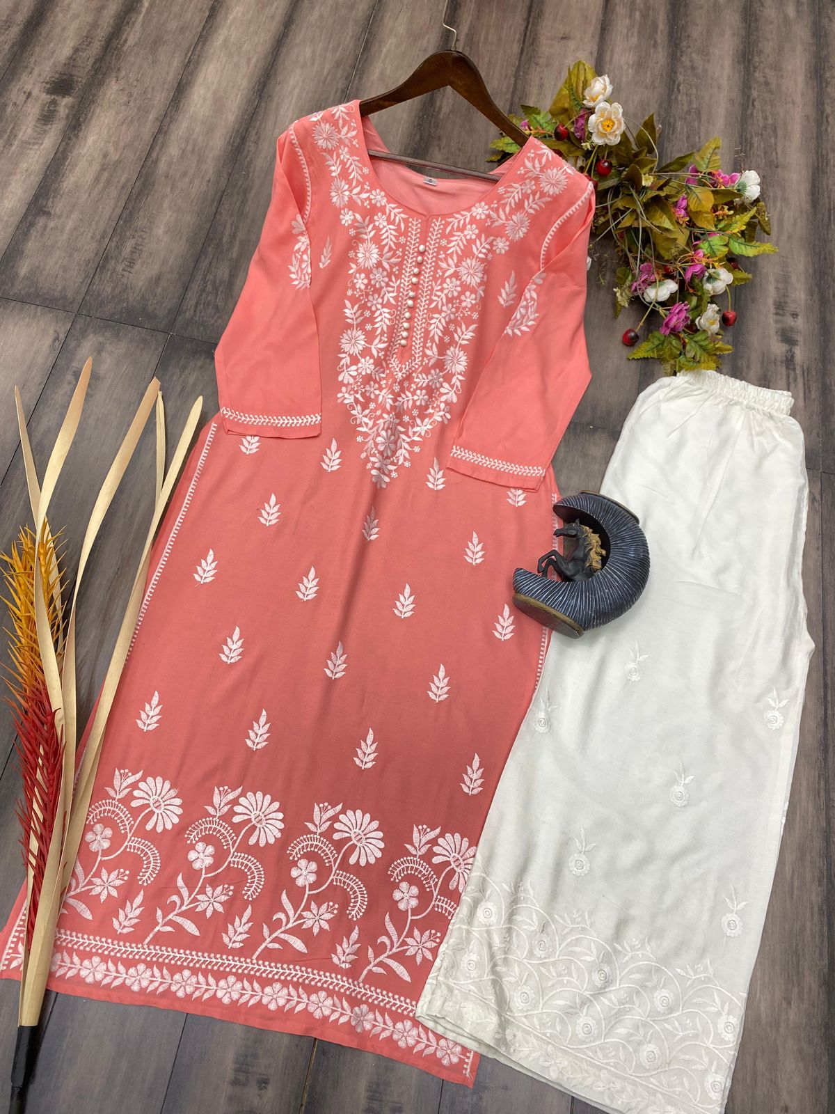 New Trending Rayon Top With Cotton Thread Embroidered Work And Work Palazzo