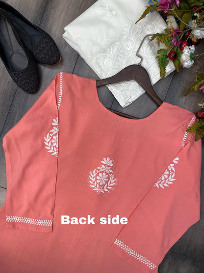 New Trending Rayon Top With Cotton Thread Embroidered Work And Work Palazzo