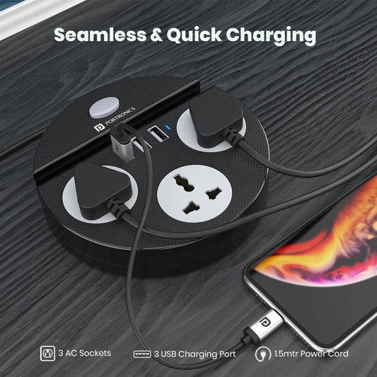 Portronics Power plate 5 Universal Extension Board with 3 USB Charging Ports + 3 Power Sockets, Mobile Holder and 2.1A Fast Charging ( 1 Year Warranty )