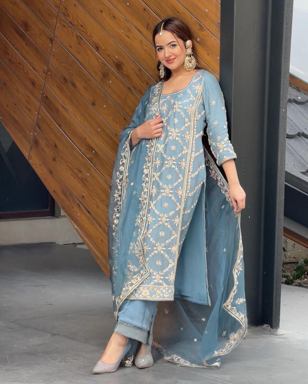 Premium Designer Readymade Top Plazzo & Dupatta - Sky Blue
