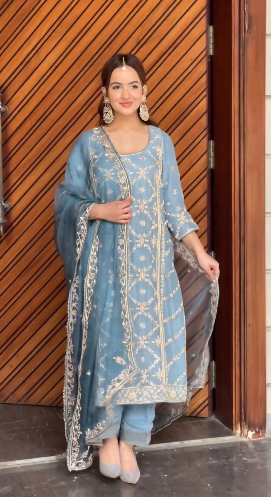 Premium Designer Readymade Top Plazzo & Dupatta - Sky Blue