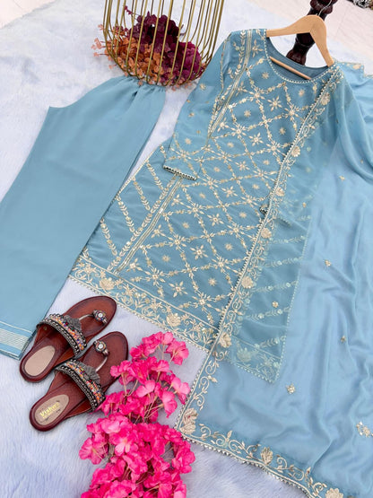 Premium Designer Readymade Top Plazzo & Dupatta - Sky Blue