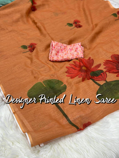 Pure Linen Digital Print Saree For Casual Wear
