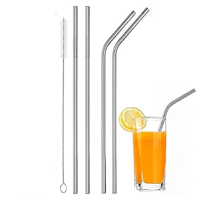 Stainless Steel Straw with Cleaning Brush- Long Metal Straws for Drinking, Reusable Set of 5 (2- Bend Pipe, 2- Long Straw, 1-Cleaning Brush)