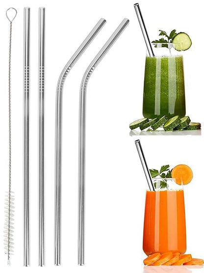 Stainless Steel Straw with Cleaning Brush- Long Metal Straws for Drinking, Reusable Set of 5 (2- Bend Pipe, 2- Long Straw, 1-Cleaning Brush)