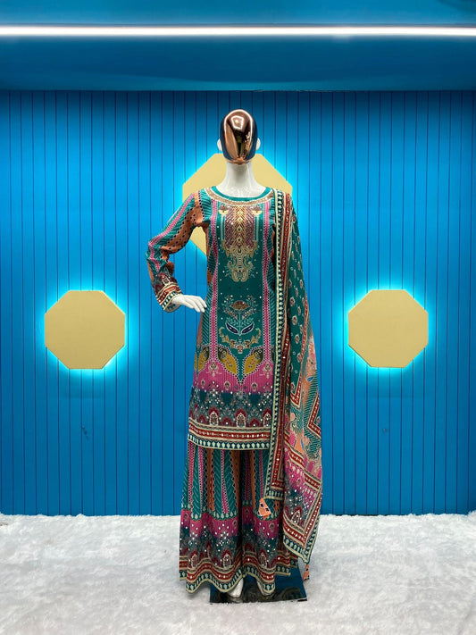 Summer Special Fancy Maslin Printed With Real Mirror Work Top And Sarara With Printed Dupatta