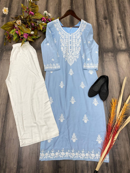 Summer Special Trending Rayon Top Cotton Thread Embroidered Work With Palazzo