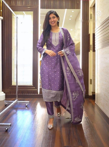 Top-Pent With Dupatta Set - Purple