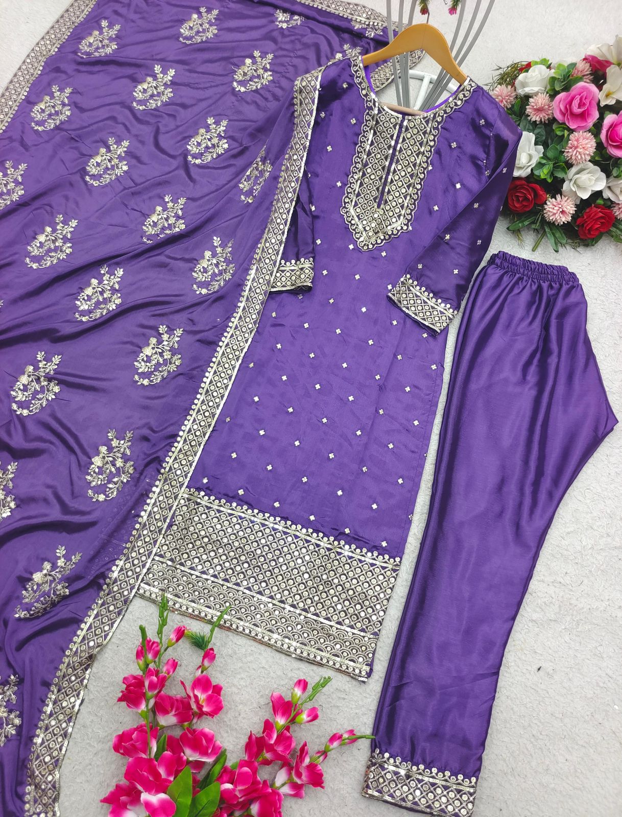 Top-Pent With Dupatta Set - Purple