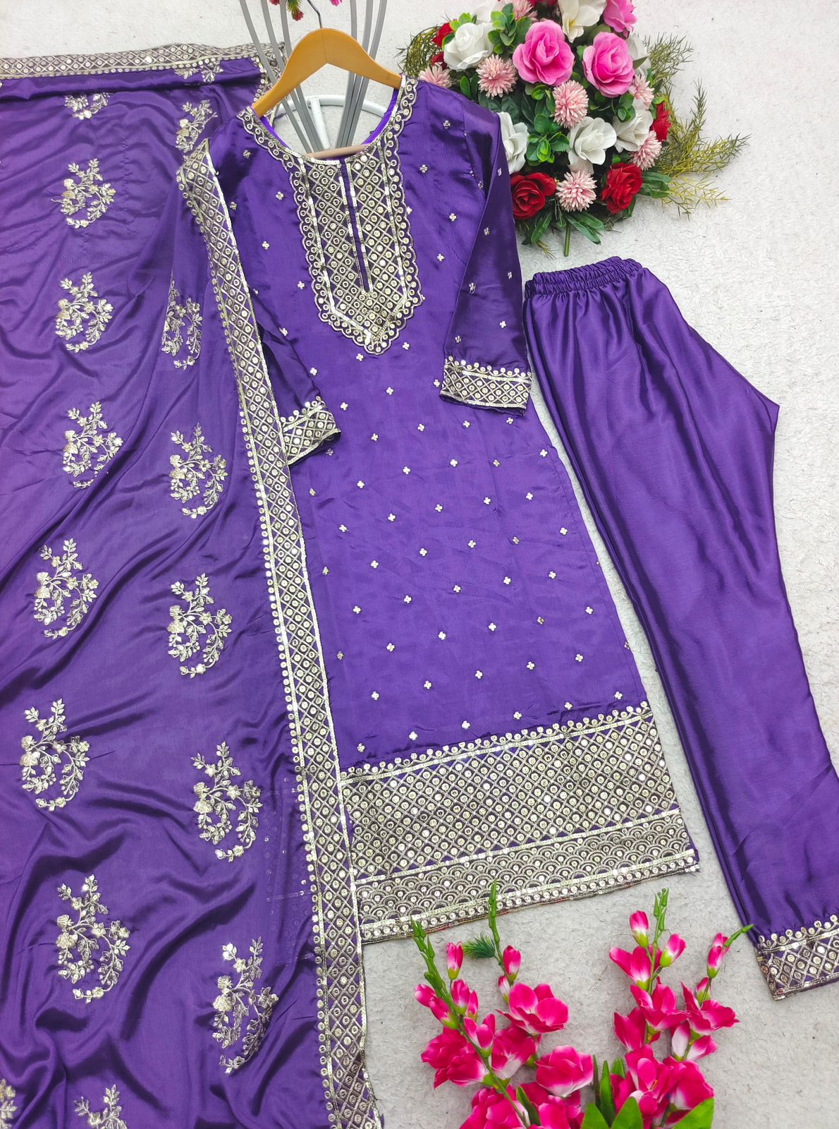 Top-Pent With Dupatta Set - Purple