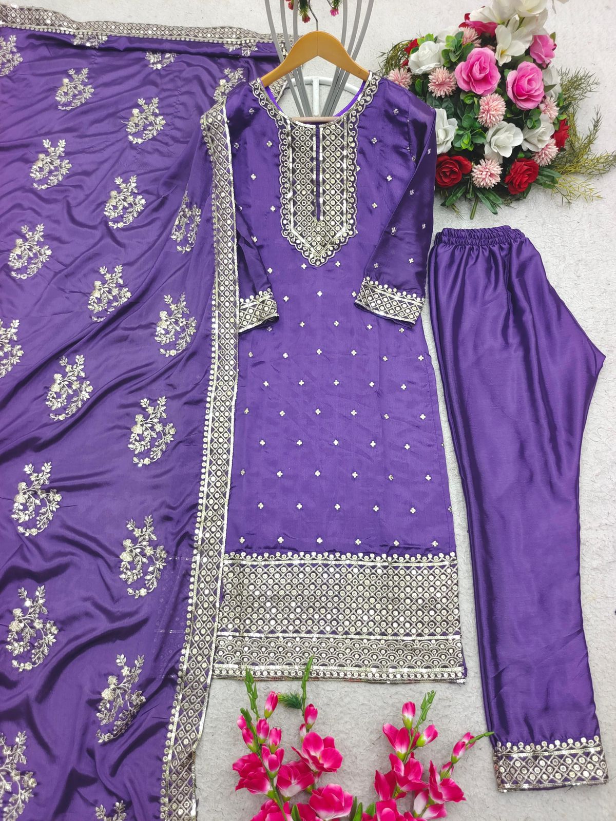 Top-Pent With Dupatta Set - Purple