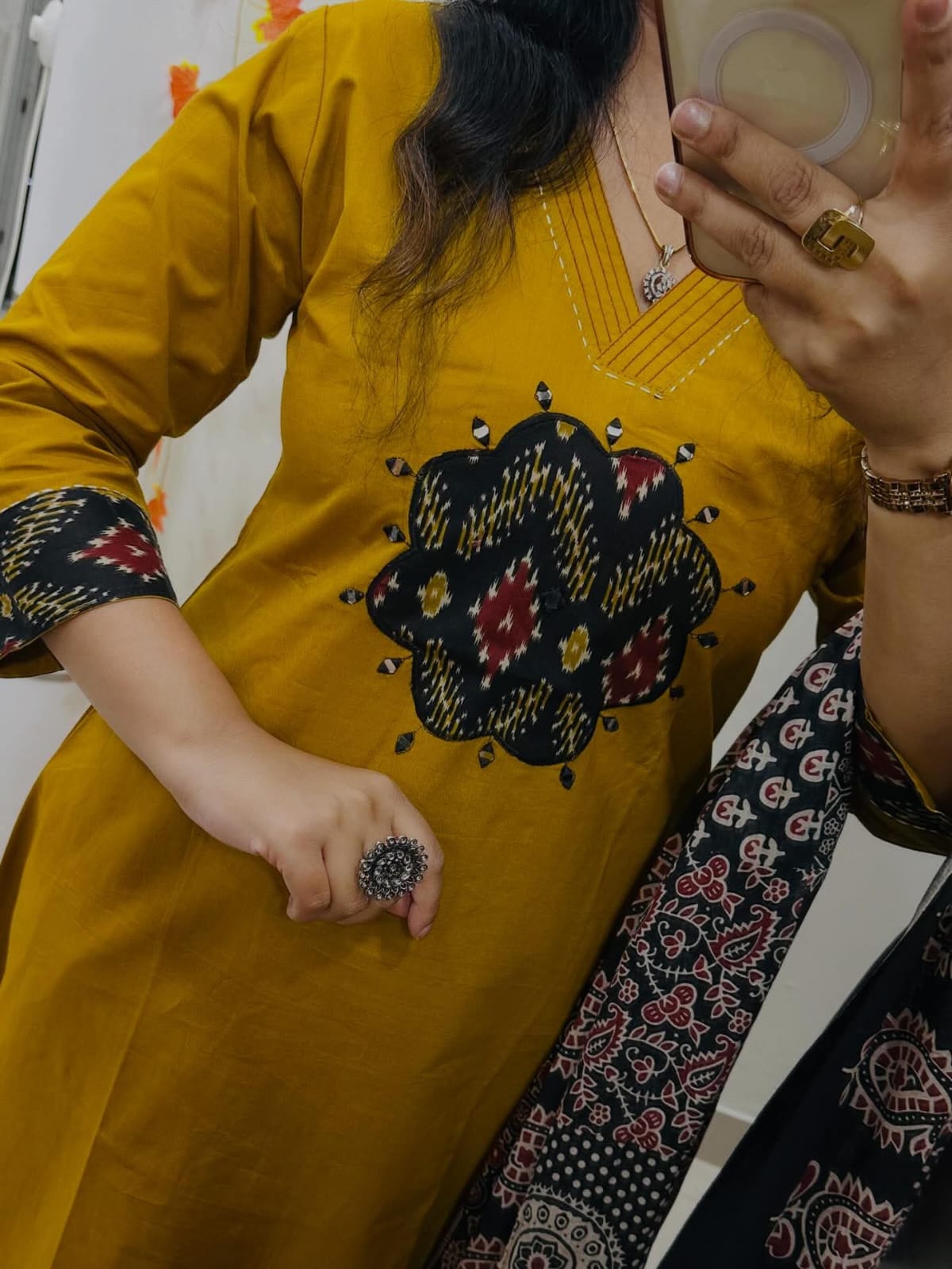 Mustard Cambric Cotton Kurta Set with Printed Dupatta