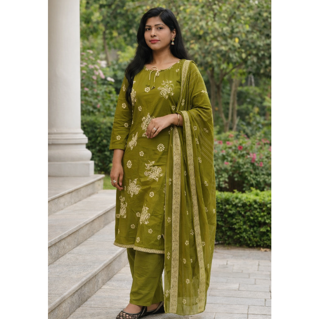 Olive Green Floral Printed Kurta Pant Set with Dupatta – Ethnic Cotton Suit for Women