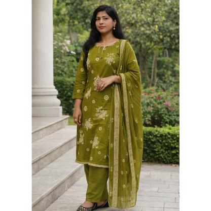 Olive Green Floral Printed Kurta Pant Set with Dupatta – Ethnic Cotton Suit for Women