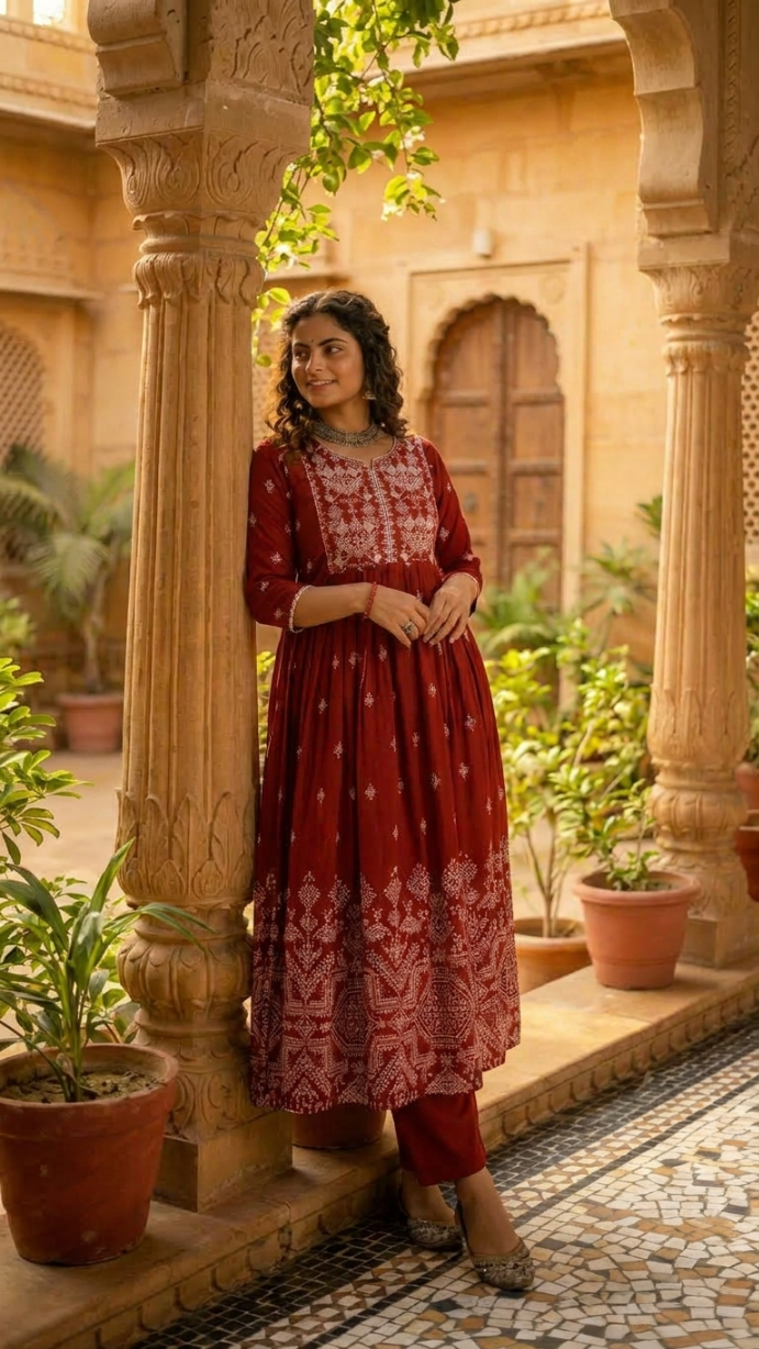 Ruby Weave Embroidered flared Kurta with plazzo