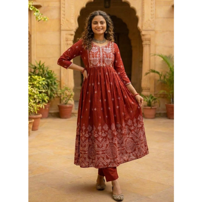 Ruby Weave Embroidered flared Kurta with plazzo