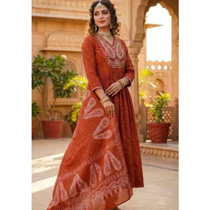 Women's Cotton Embroidered Anarkali Kurta with Pant & Dupatta