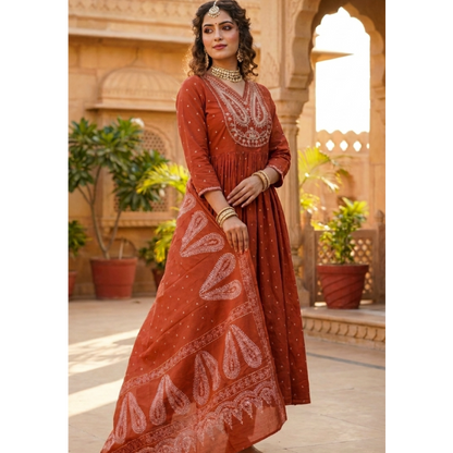 Women's Cotton Embroidered Anarkali Kurta with Pant & Dupatta