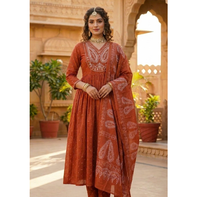 Women's Cotton Embroidered Anarkali Kurta with Pant & Dupatta