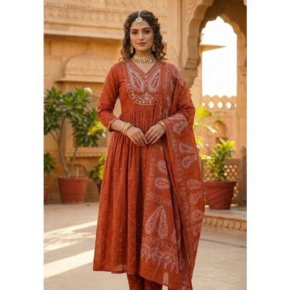 Women's Cotton Embroidered Anarkali Kurta with Pant & Dupatta