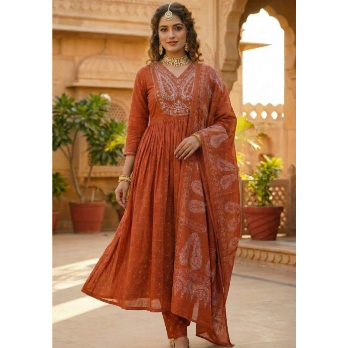 Women's Cotton Embroidered Anarkali Kurta with Pant & Dupatta