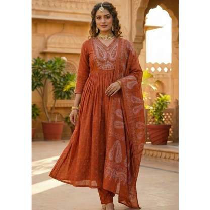 Women's Cotton Embroidered Anarkali Kurta with Pant & Dupatta