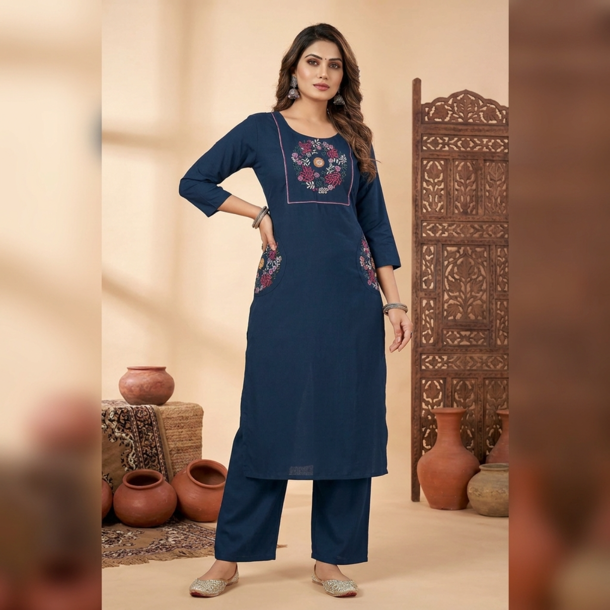 Straight Kurti pant Set Cotton Fabric With Embroidery Work Design