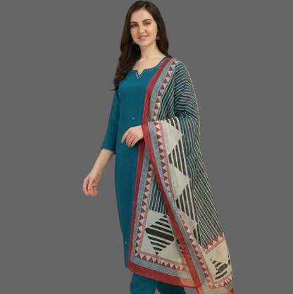 Classic Teal Pure Cotton Kurta Set with Printed Dupatta