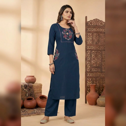 Straight Kurti pant Set Cotton Fabric With Embroidery Work Design