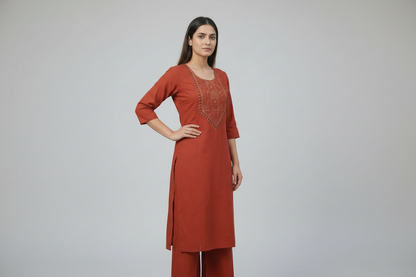 Elegant Rust Red Pure Cotton Kurta Pant Set
