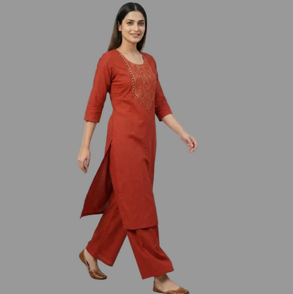 Elegant Rust Red Pure Cotton Kurta Pant Set