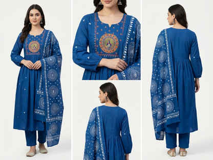 Elegant Blue Pure Cotton Printed Suit Set with Dupatta