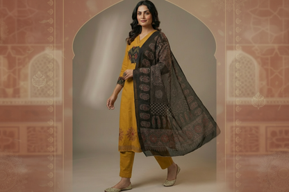 Mustard Cambric Cotton Kurta Set with Printed Dupatta
