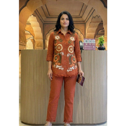Embroidered Cotton Co-Ord Set Rust