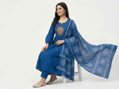 Elegant Blue Pure Cotton Printed Suit Set with Dupatta