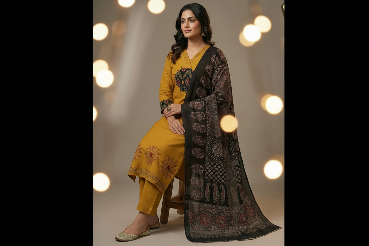 Mustard Cambric Cotton Kurta Set with Printed Dupatta