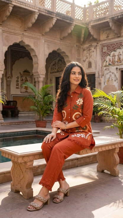 Embroidered Cotton Co-Ord Set Rust