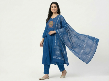 Elegant Blue Pure Cotton Printed Suit Set with Dupatta