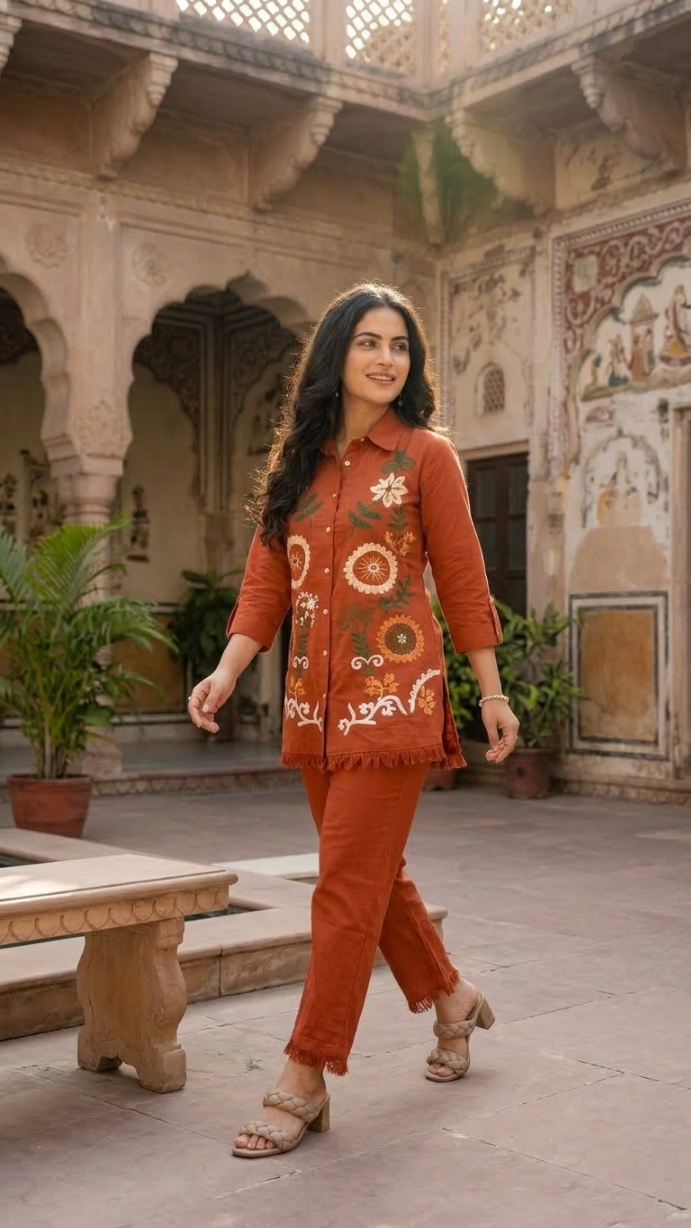 Embroidered Cotton Co-Ord Set Rust