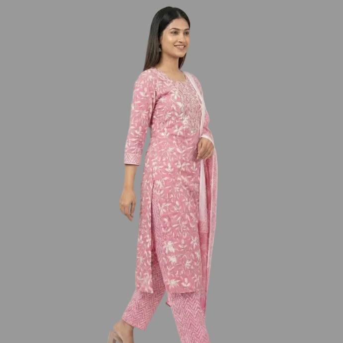 Rose Pink Floral Printed Kurta Pant Set with Dupatta – Elegant Cotton Ethnic Wear for Women