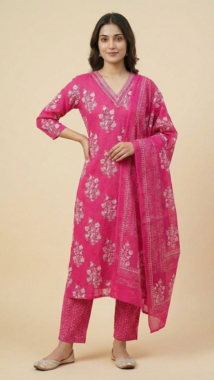 Pink Floral Printed Cotton Kurta Pant Set with Dupatta