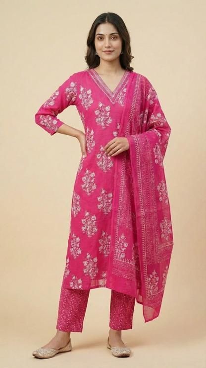Pink Floral Printed Cotton Kurta Pant Set with Dupatta