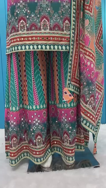 Summer Special Fancy Maslin Printed With Real Mirror Work Top And Sarara With Printed Dupatta