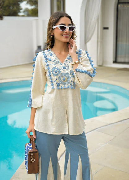 Ivory Elegance Embroidered Cotton Co-Ord Set