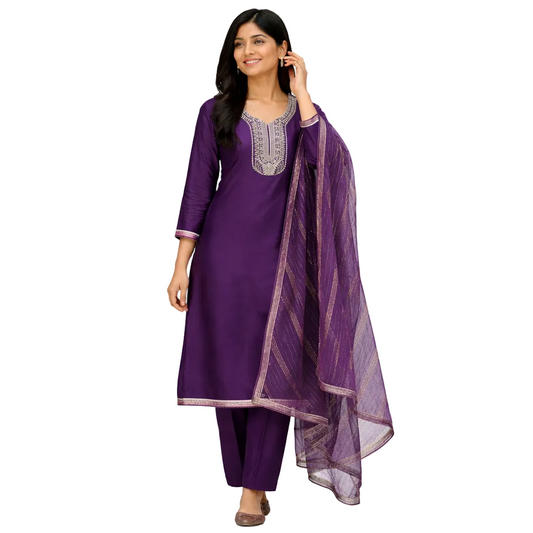 Purple Embroidered Rayon Kurta Pant Set with Dupatta