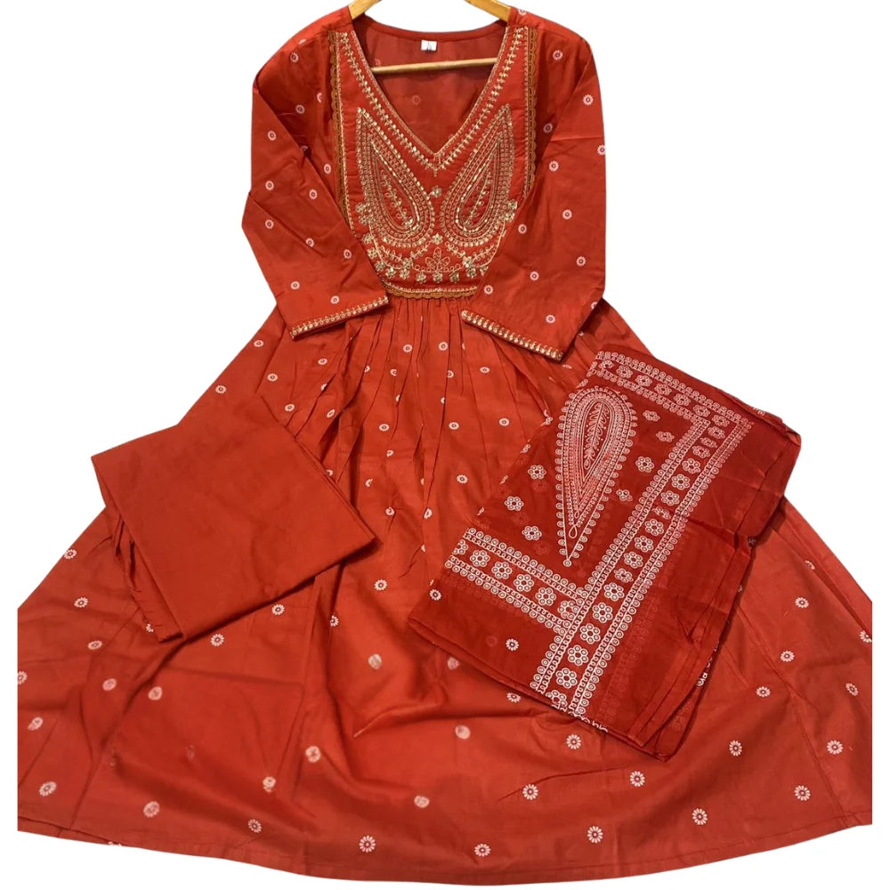 Women's Cotton Embroidered Anarkali Kurta with Pant & Dupatta