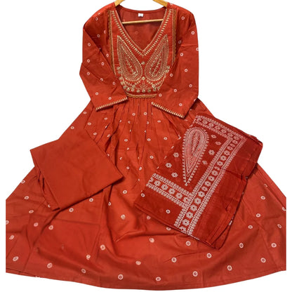 Women's Cotton Embroidered Anarkali Kurta with Pant & Dupatta