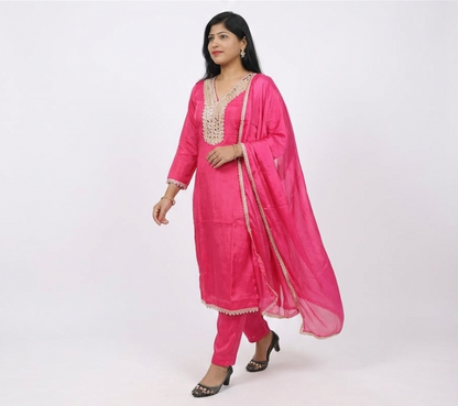 Hot Pink Mirror Work Kurta Pant Set with Dupatta – Festive Ethnic Suit for Women