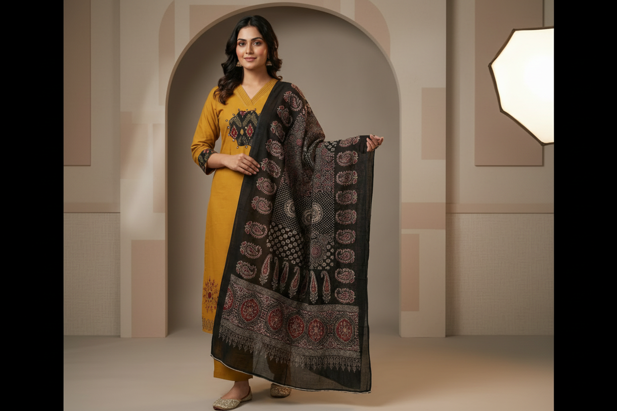 Mustard Cambric Cotton Kurta Set with Printed Dupatta